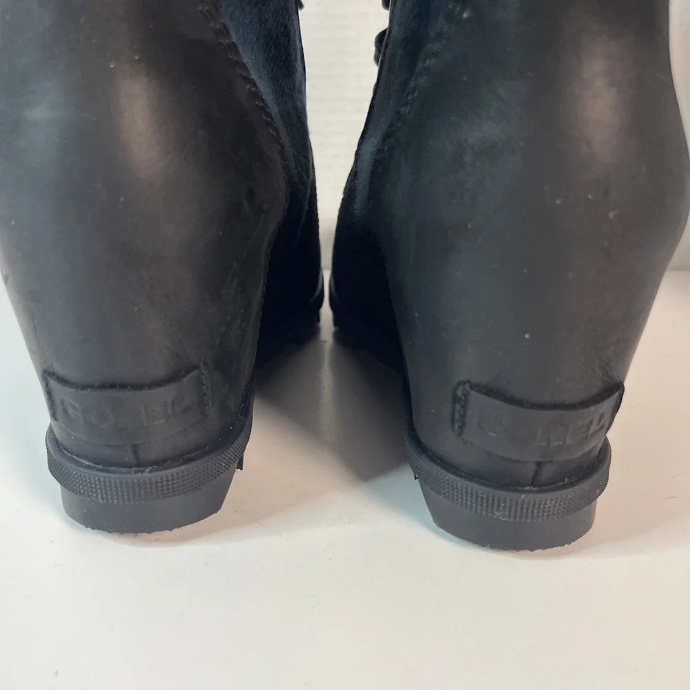 Sorel Women Lexie Wedge Bootie 11 Black Leather Flannel Plaid Waterproof NL3779